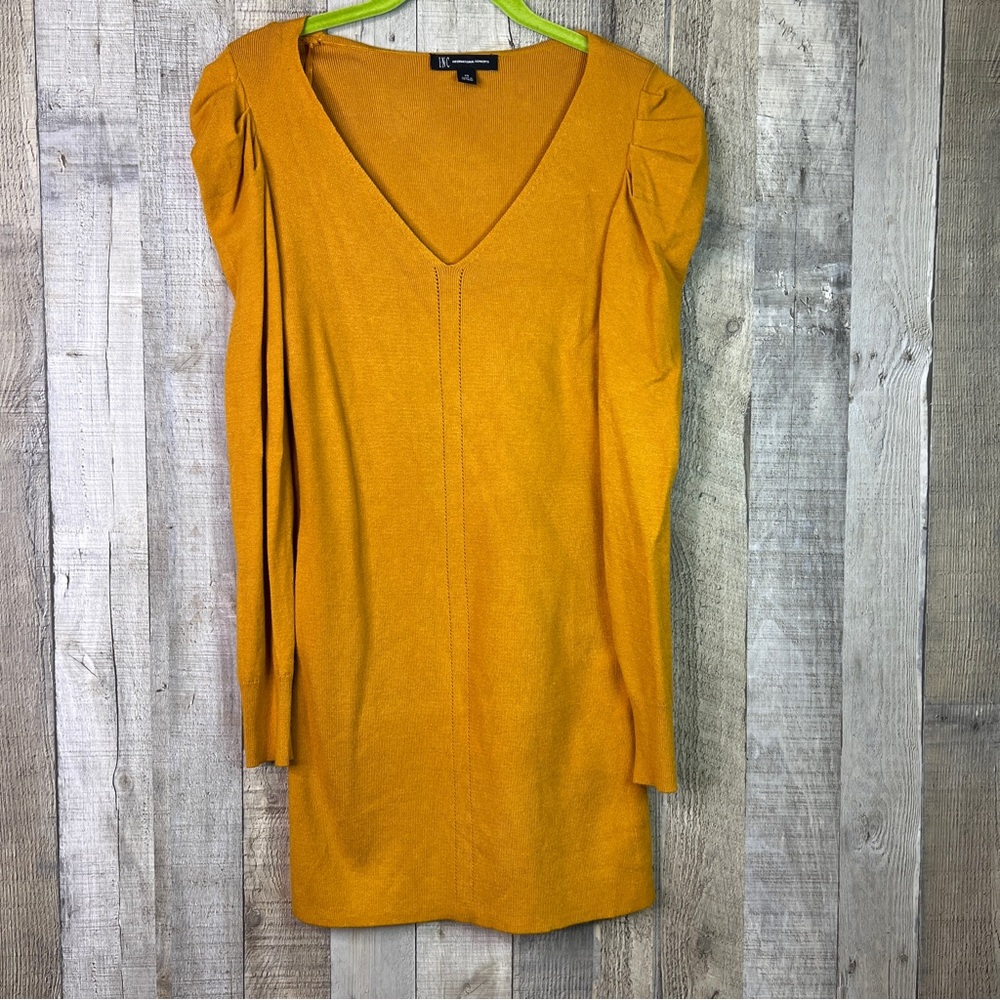 INC International Concepts XS Mustard V-Neck Long Sleeve Dress w/Puff Shoulders